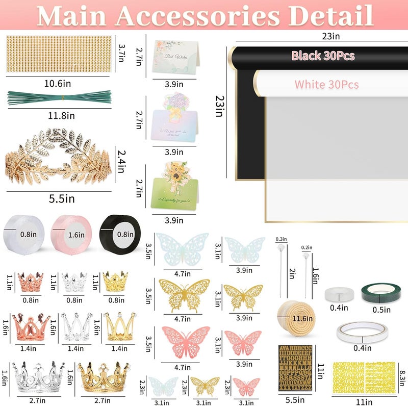 Besuper 260Pcs Flower Bouquet Wrapping Paper Kit, 60 Sheets Waterproof Paper, 36 Butterflies, 8 Crowns, 1 Headband, 4 Ribbons, 15 Cards, 100 Diamond Pins, 30 Floral Wire, 3 Stickers, 3 Tapes (Black & White) - Image 2